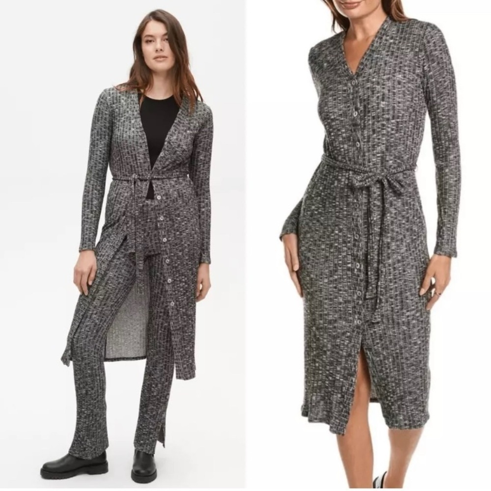 Michael Stars Isa Ribbed Cardigan Sleek Midi Dress Luxe Black Gray Size 2X NEW